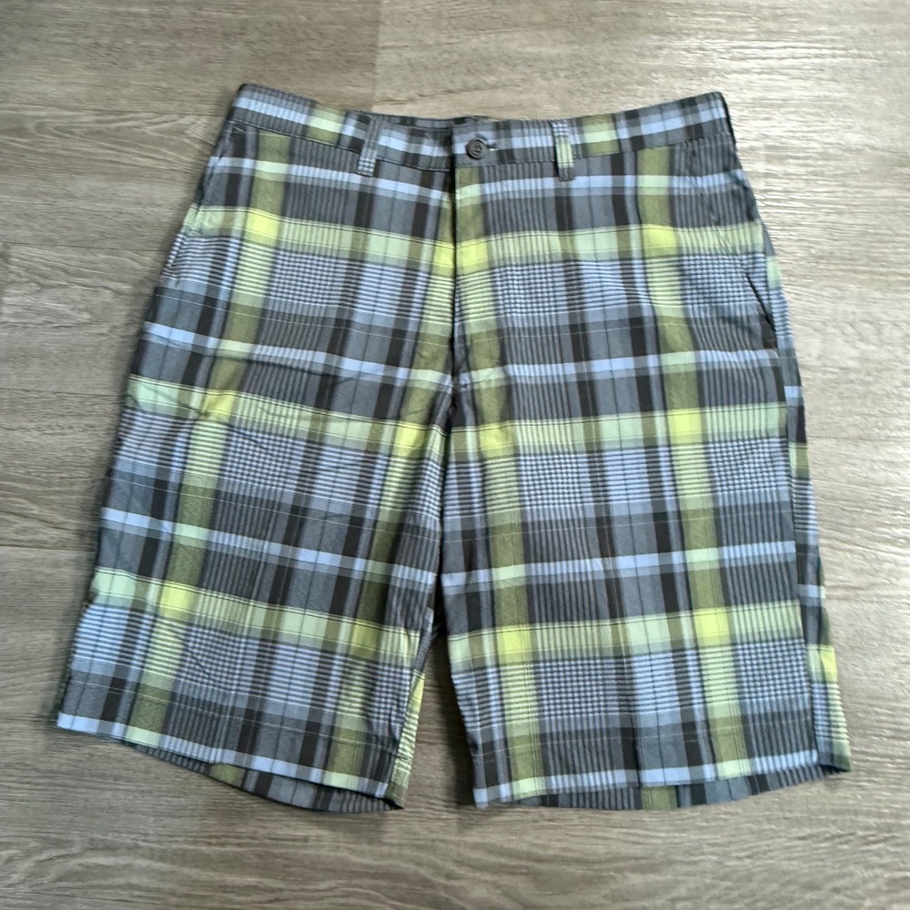 PGA Tour Mens Golf Shorts 32‎ Blue Lime Green Plaid Accessory Pocket Stretch